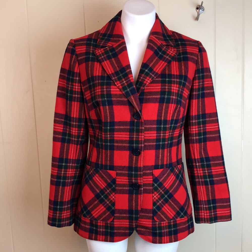 Vintage 1970s Pendleton Plaid Wool Blazer Medium Classic Tailored Rockabilly